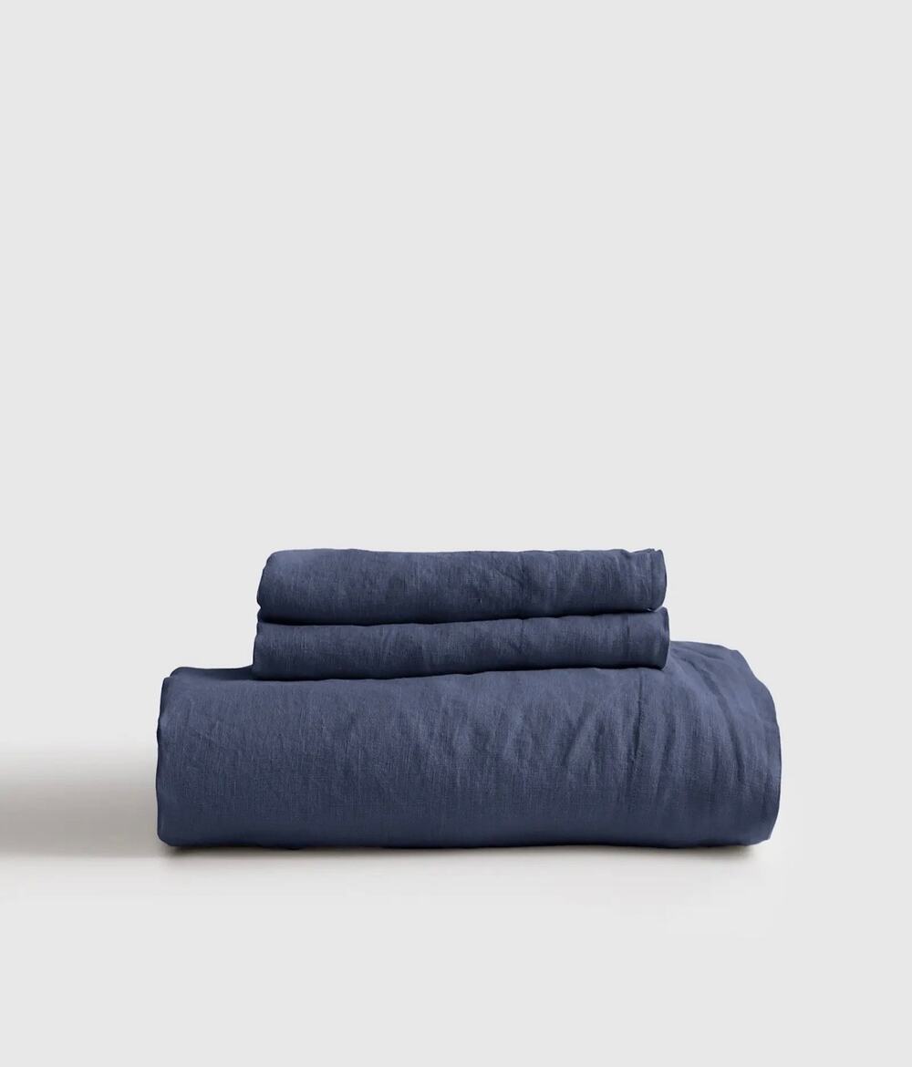 Quince European Linen 3 piece Fittet Sheet Set Full Blue Nigth fall NWOT